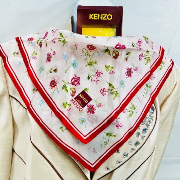 New in Box KENZO Paris Mini Scarf/Handker Cotton 18" light pink green floral(61) - Picture 1 of 7